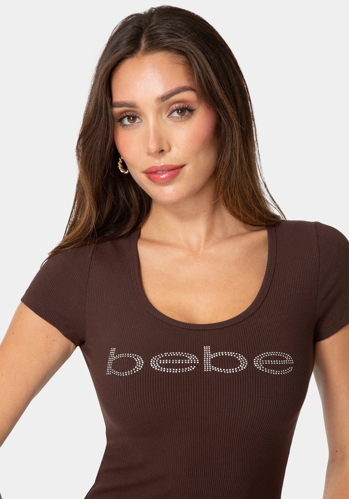 Other View-Bebe Logo Short Sleeve Round Neck Rib Top-CHOCOLAT MARTINI