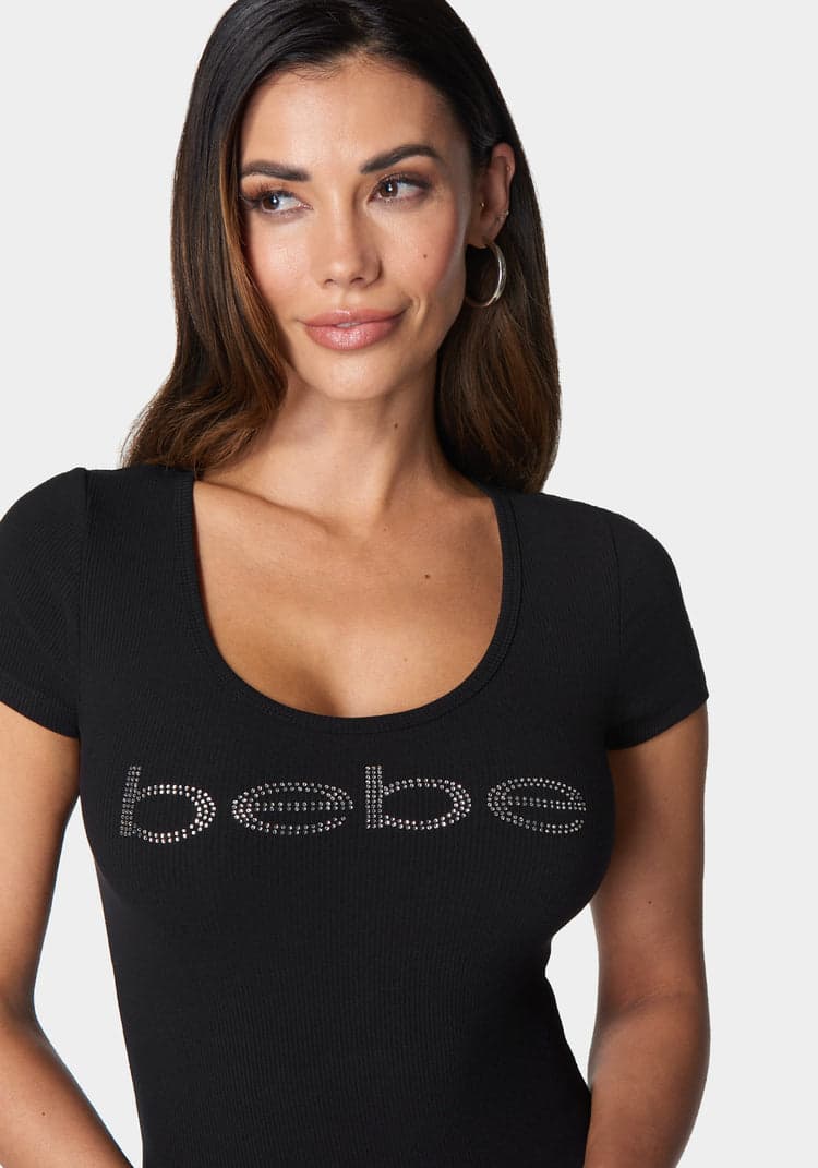 Bebe Logo Short Sleeve Round Neck Rib Top