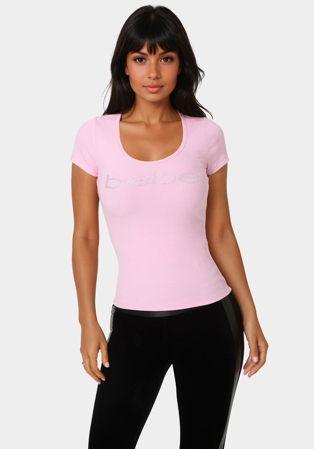 Front View-Bebe Logo Short Sleeve Round Neck Rib Top-Bubble Gum Pink