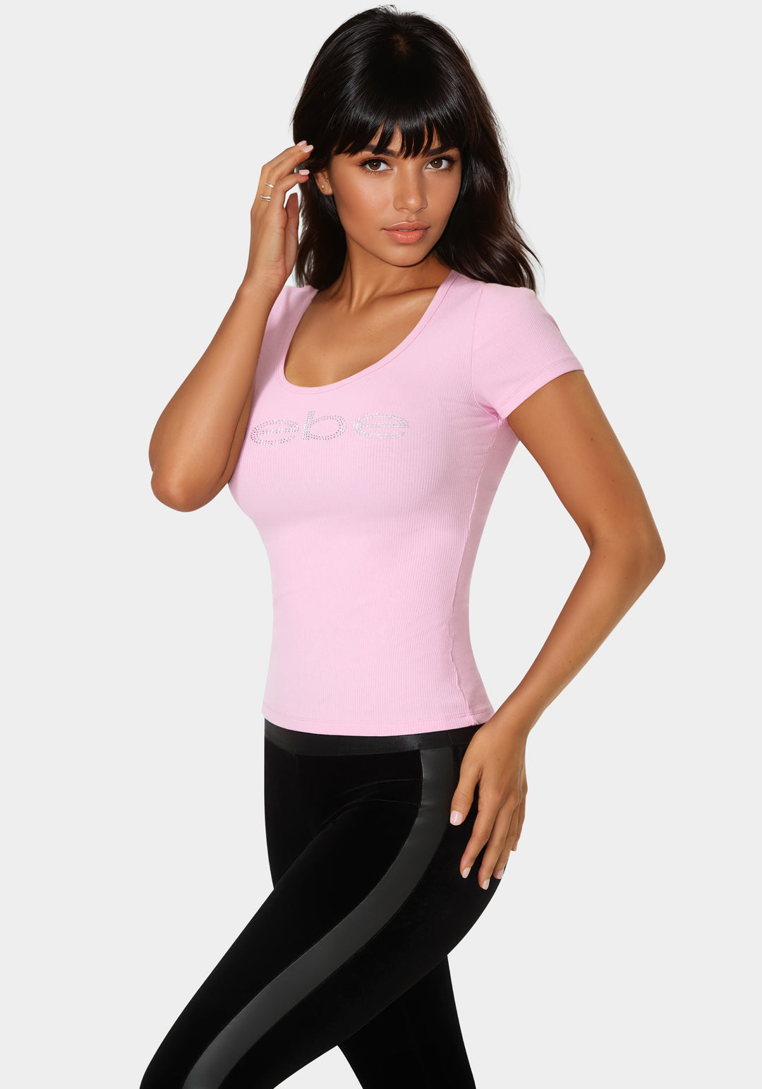 Front View-Bebe Logo Short Sleeve Round Neck Rib Top-Bubble Gum Pink