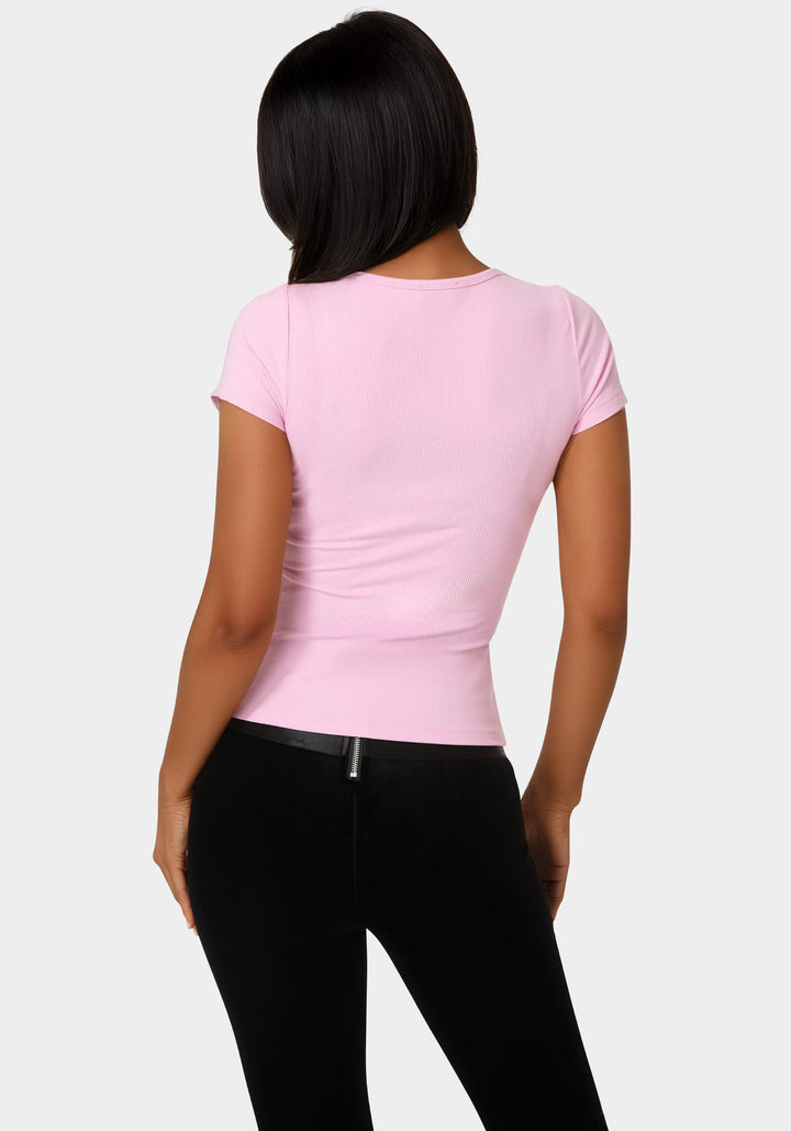Back View-Bebe Logo Short Sleeve Round Neck Rib Top-Bubble Gum Pink