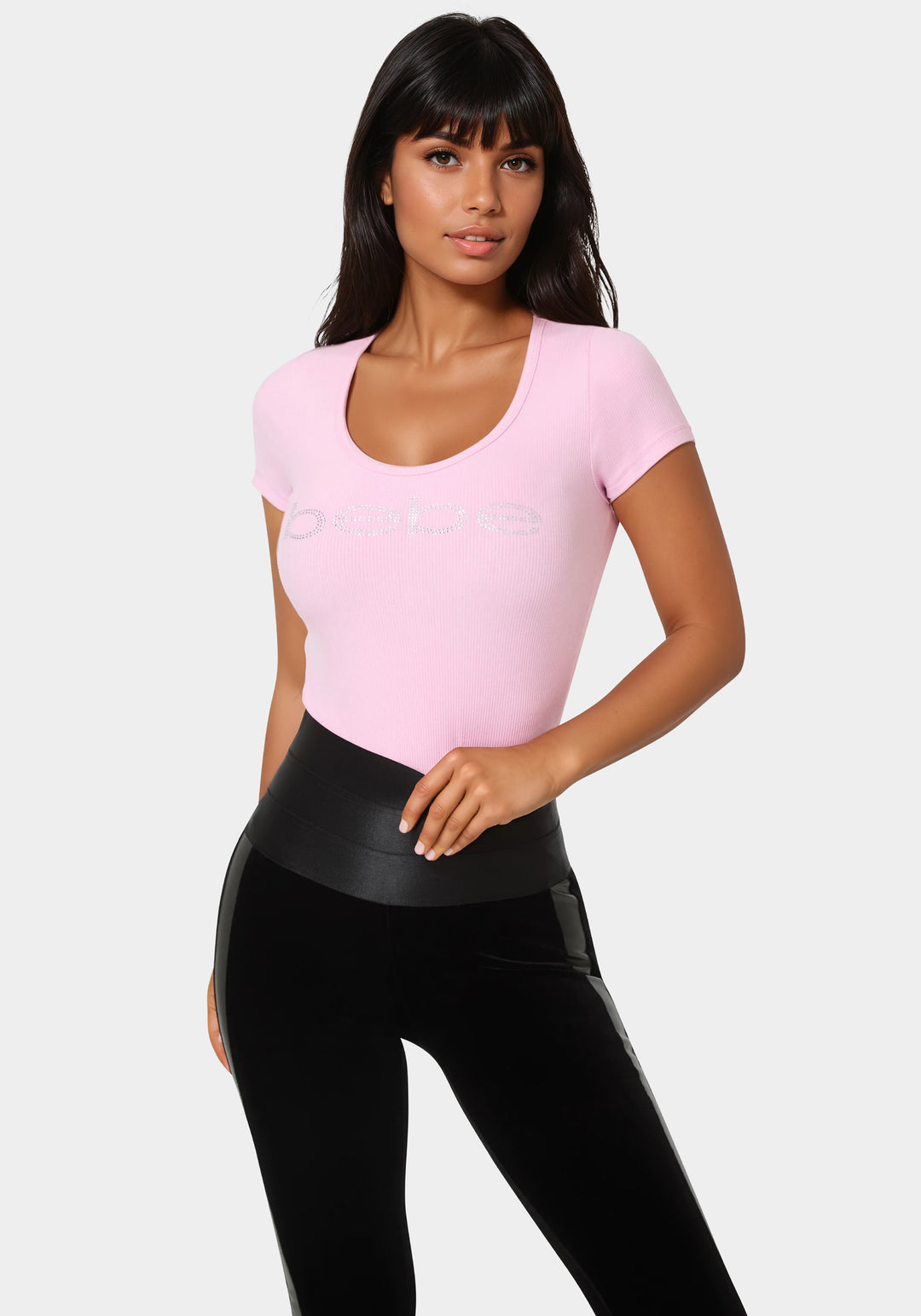 Front View-Bebe Logo Short Sleeve Round Neck Rib Top-Bubble Gum Pink