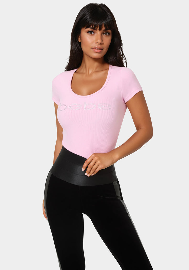 Front View-Bebe Logo Short Sleeve Round Neck Rib Top-Bubble Gum Pink
