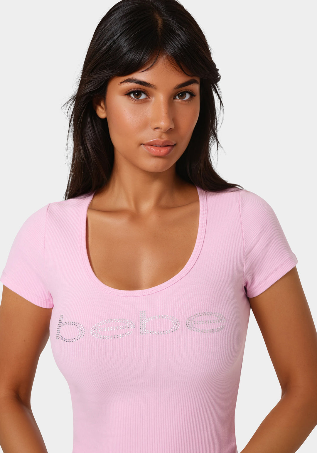 Detailed View-Bebe Logo Short Sleeve Round Neck Rib Top-Bubble Gum Pink