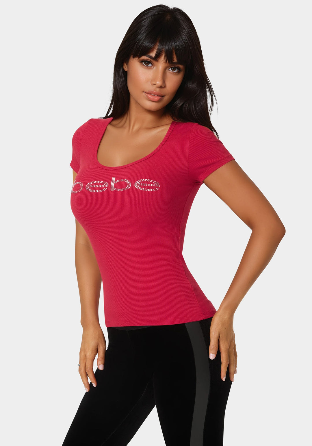 Side View-Bebe Logo Short Sleeve Round Neck Rib Top-CHILI PEPPER