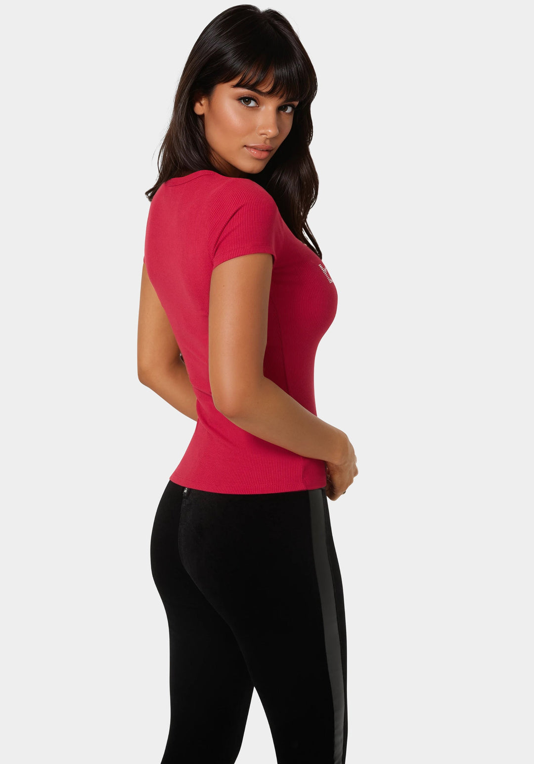 Back View-Bebe Logo Short Sleeve Round Neck Rib Top-CHILI PEPPER