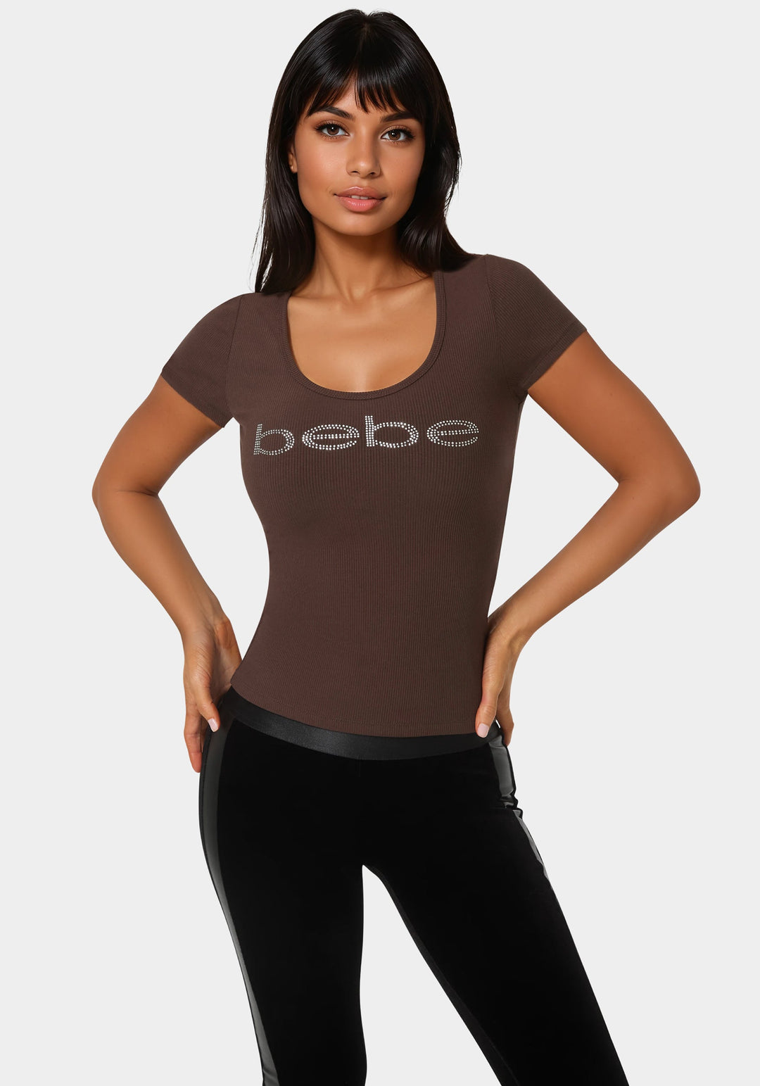 Front View-Bebe Logo Short Sleeve Round Neck Rib Top-CHOCOLAT MARTINI