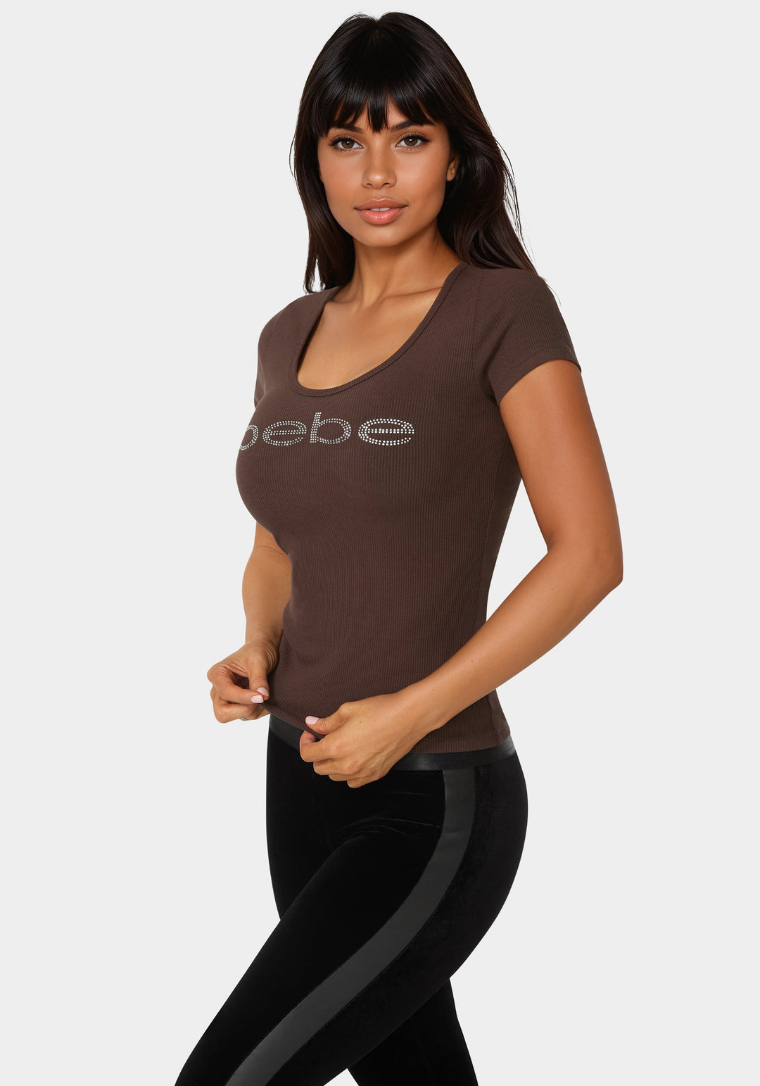 Side View-Bebe Logo Short Sleeve Round Neck Rib Top-CHOCOLAT MARTINI