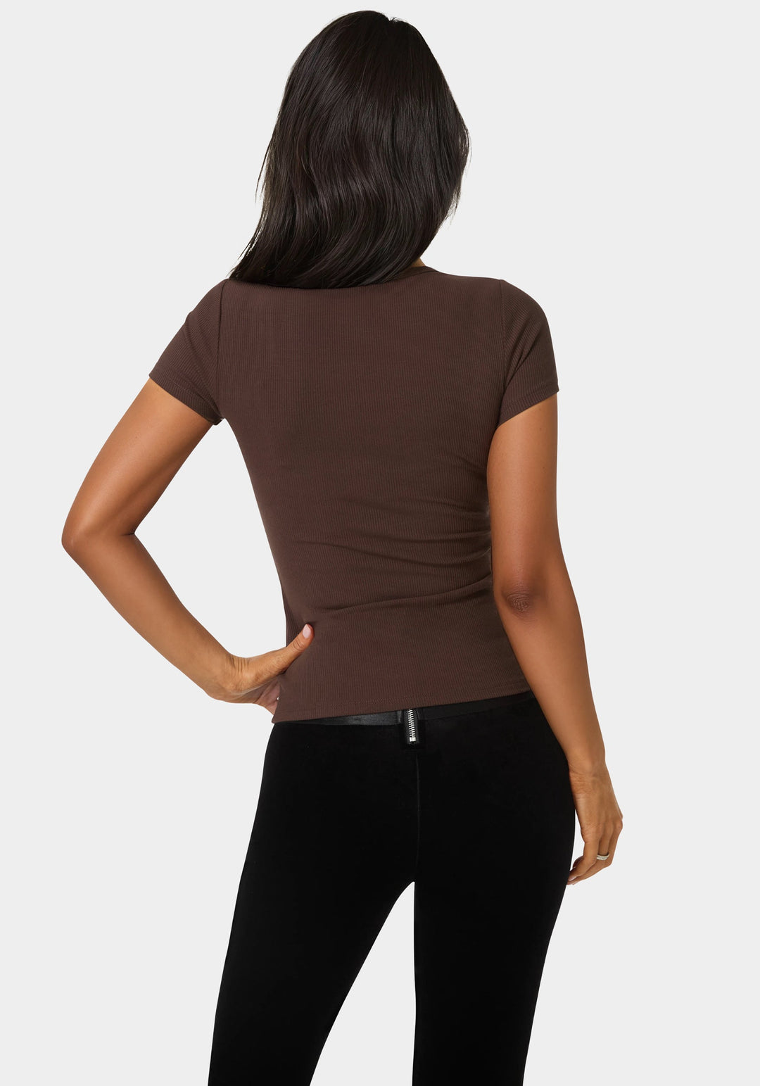 Back View-Bebe Logo Short Sleeve Round Neck Rib Top-CHOCOLAT MARTINI