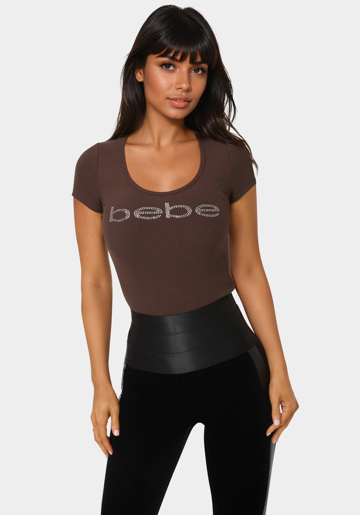 Detail View-Bebe Logo Short Sleeve Round Neck Rib Top-CHOCOLAT MARTINI