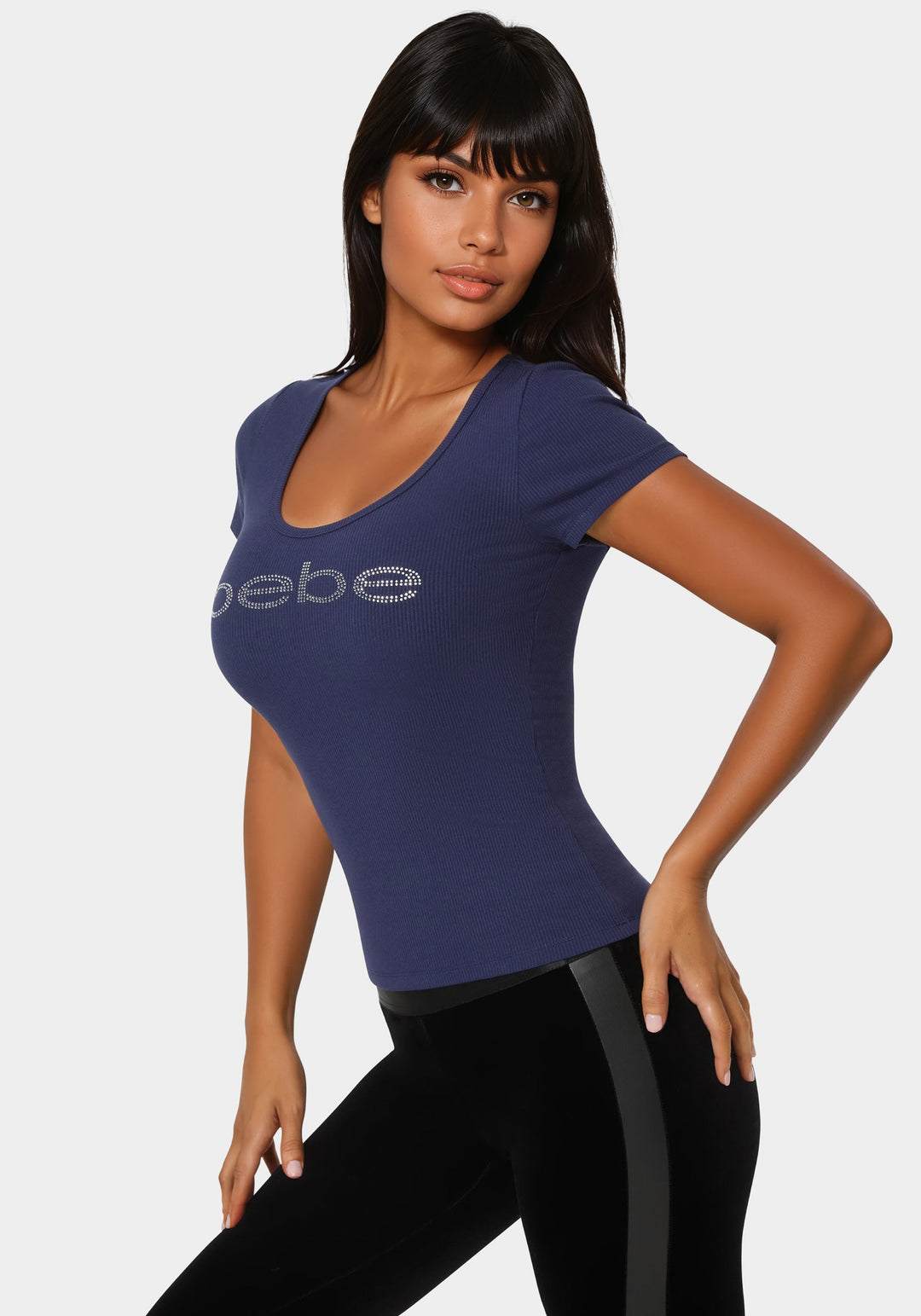 Side View-Bebe Logo Short Sleeve Round Neck Rib Top-ECLIPSE