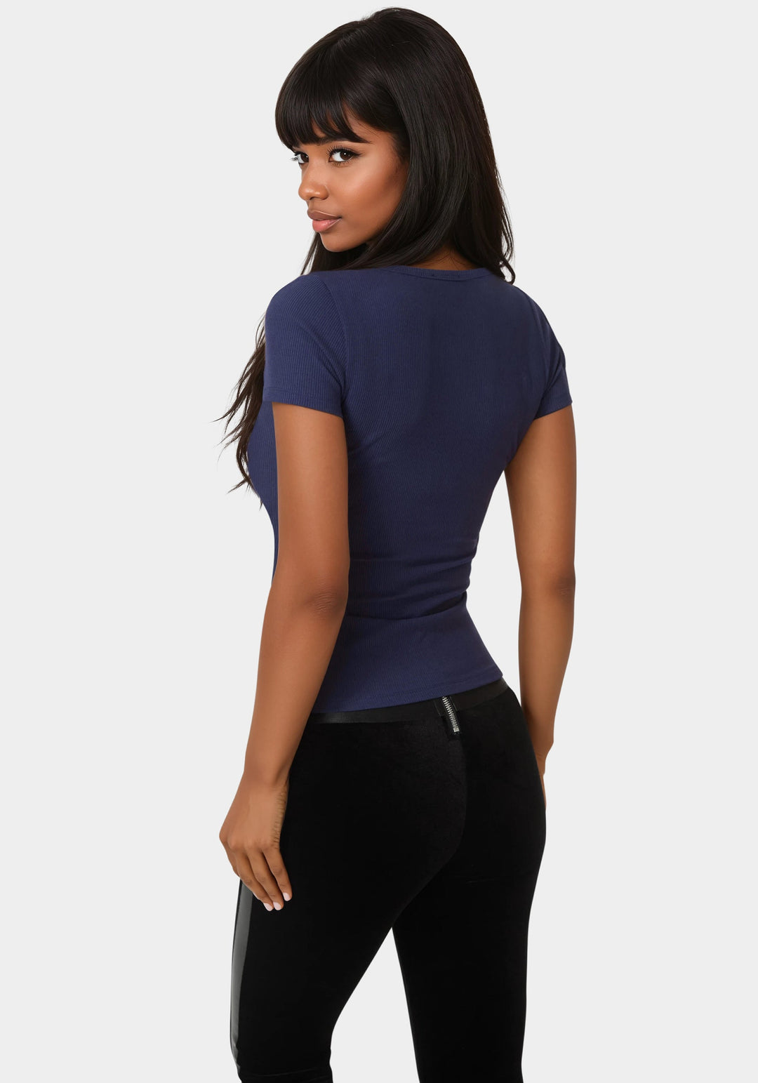 Back View-Bebe Logo Short Sleeve Round Neck Rib Top-ECLIPSE