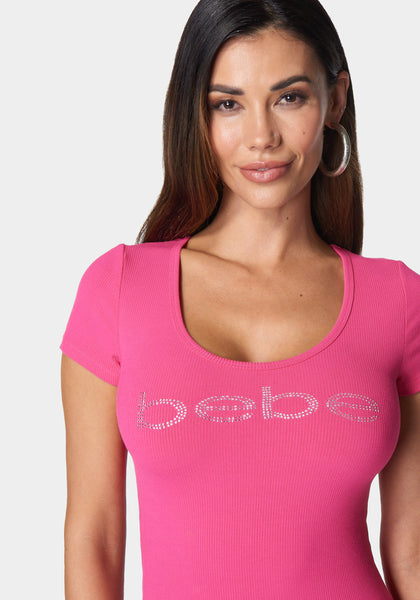 Bebe Logo Short Sleeve Round Neck Rib Top | bebe