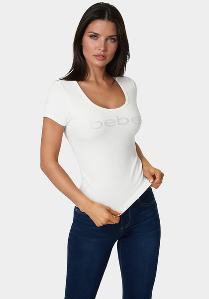 Bebe Logo Short Sleeve Round Neck Rib Top White Alyssum - bebe
