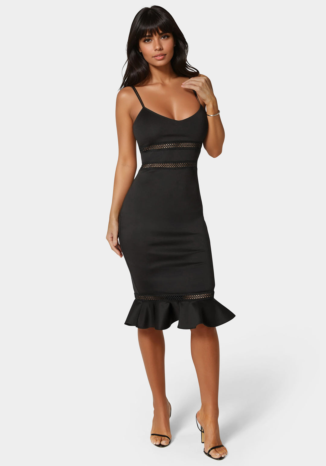 Bebe Women's Lace Trim Flounce Midi Dress - Black Bebe Women's Lace Trim Flounce Midi Dress - Black