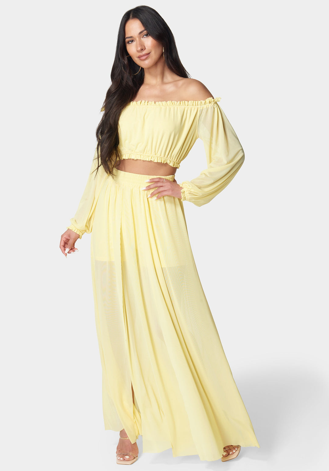 High Slit Two Piece Mesh Dress in Butter - bebe High Slit Two Piece Mesh Dress in Butter - bebe