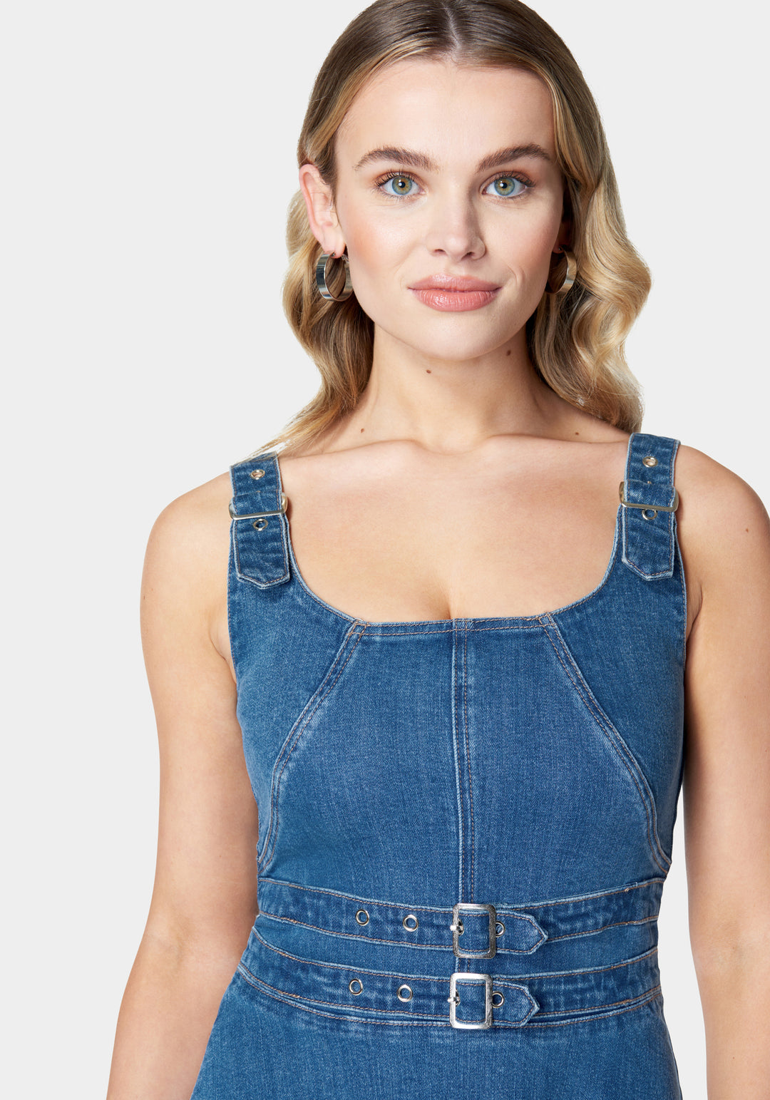 Belt Buckle Detail Fit & Flare Denim Dress bebe Belt Buckle Detail Fit & Flare Denim Dress bebe