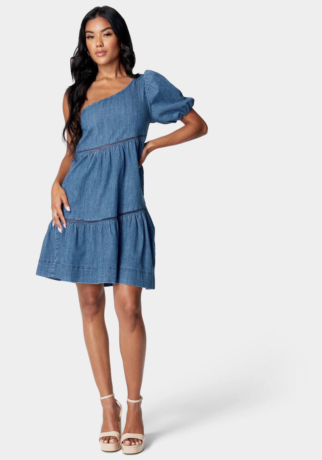 One Shoulder Asymmetric A Line Denim Dress bebe One Shoulder Asymmetric A Line Denim Dress bebe