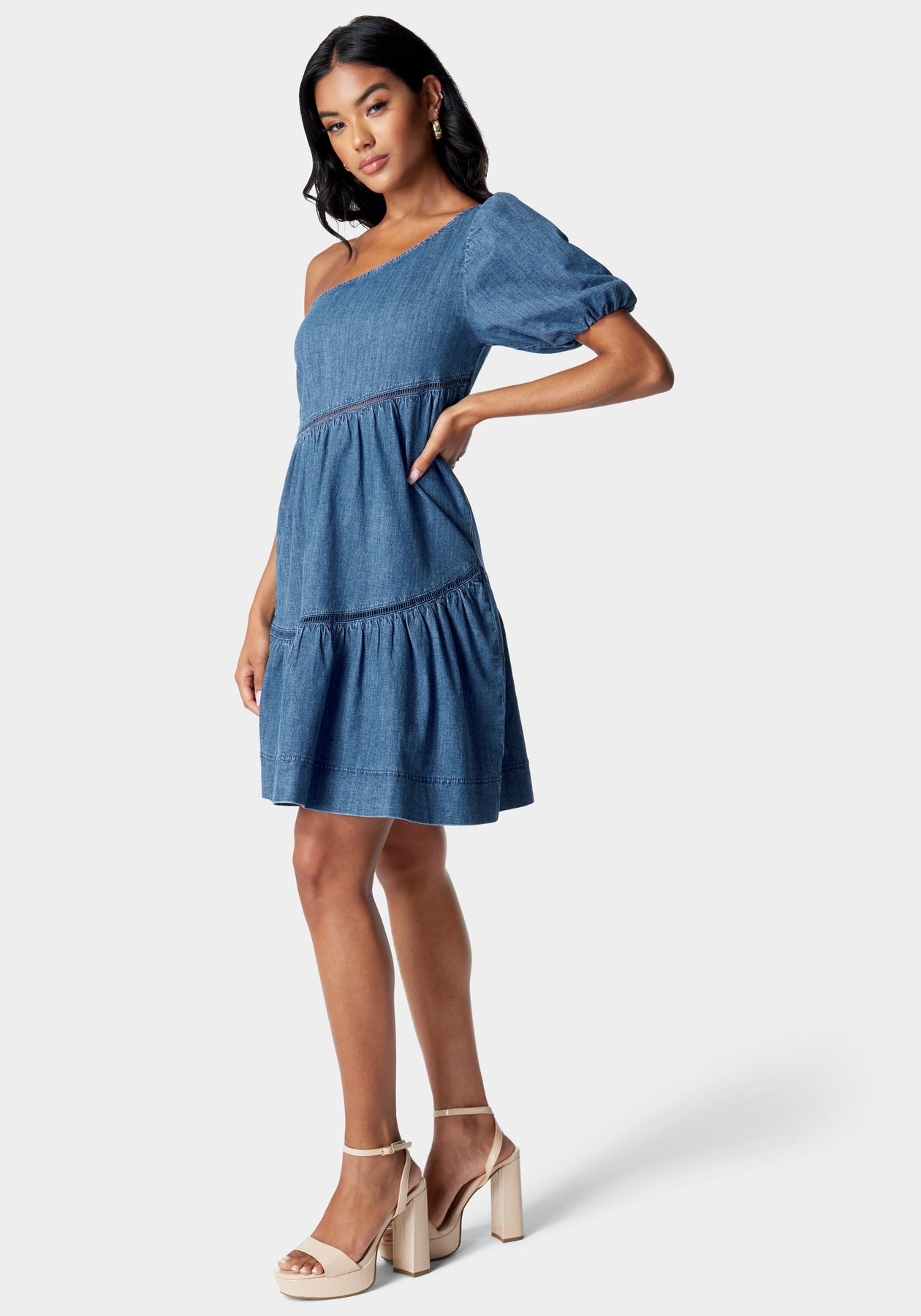 One Shoulder Asymmetric A Line Denim Dress bebe One Shoulder Asymmetric A Line Denim Dress bebe
