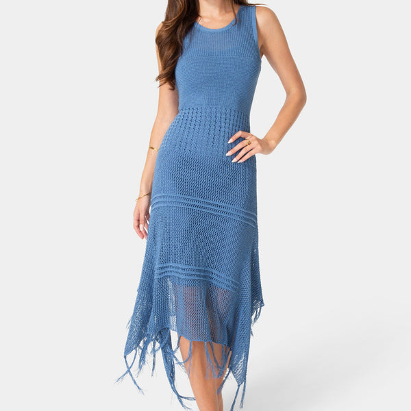 Front View-Crochet Tank Sweater Dress-Denim