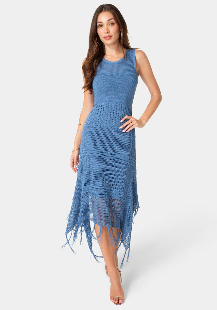 Front View-Crochet Tank Sweater Dress-Denim