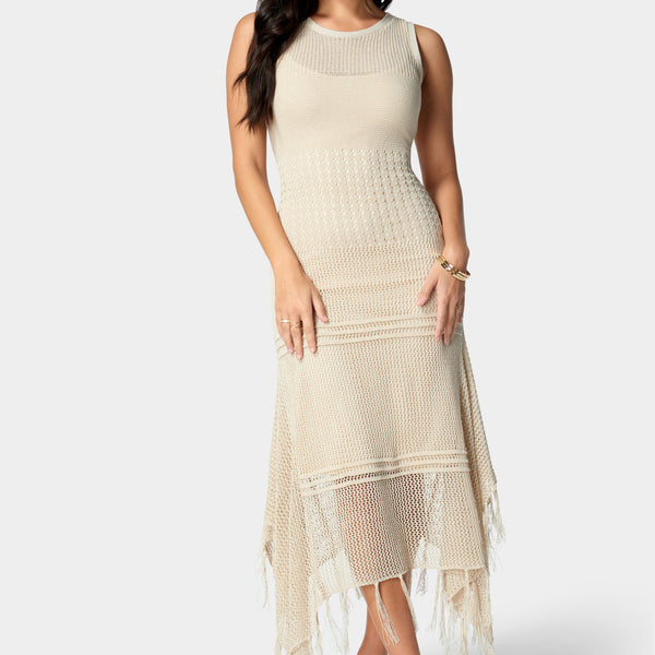 Front View-Crochet Tank Sweater Dress-Sand