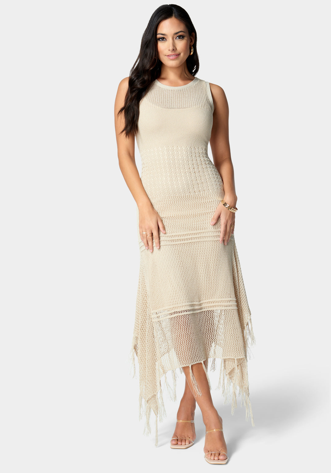Front View-Crochet Tank Sweater Dress-Sand