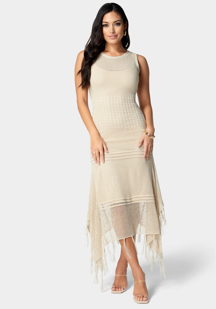 Front View-Crochet Tank Sweater Dress-Sand
