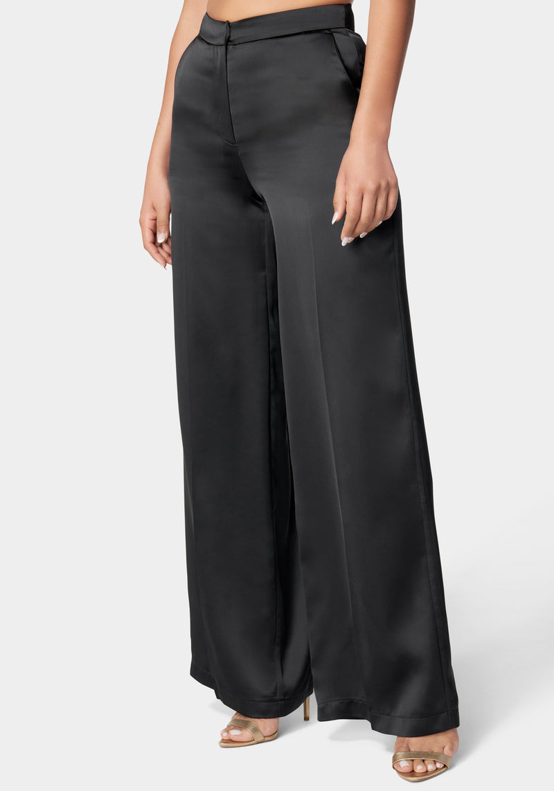 Leo Black Satin High-Waisted Wide-Leg Trouser Pants