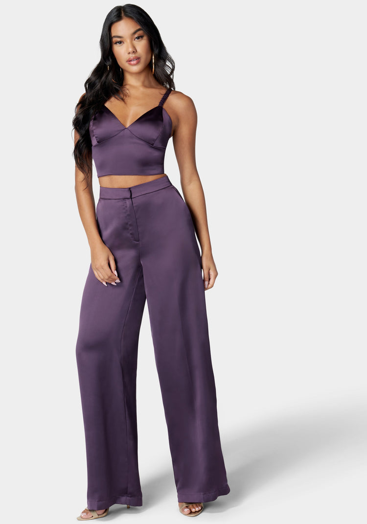 Wide leg satin pants in purple - Himelhoch's Department Store