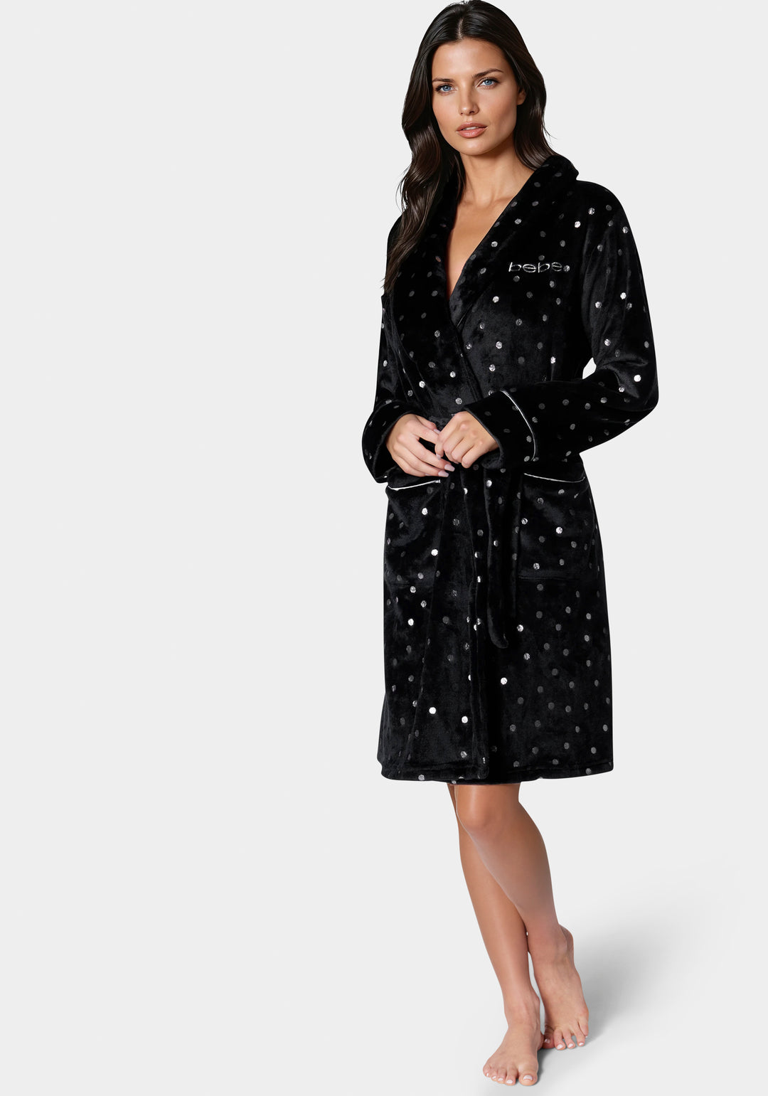 Front View-Sliver Foil Plush Robe-Black