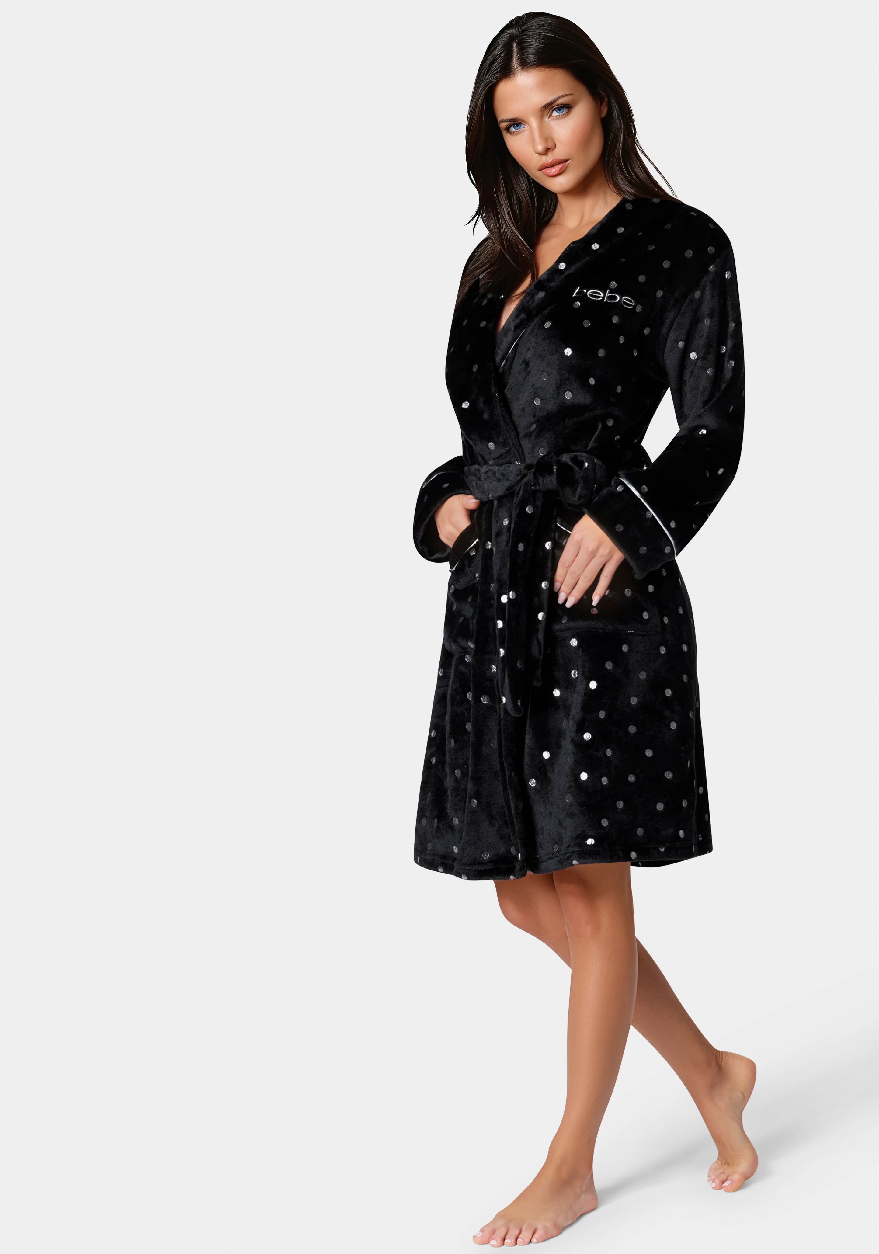 Side View-Sliver Foil Plush Robe-Black