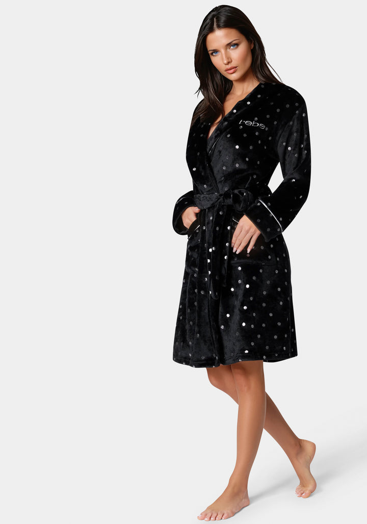 Side View-Sliver Foil Plush Robe-Black