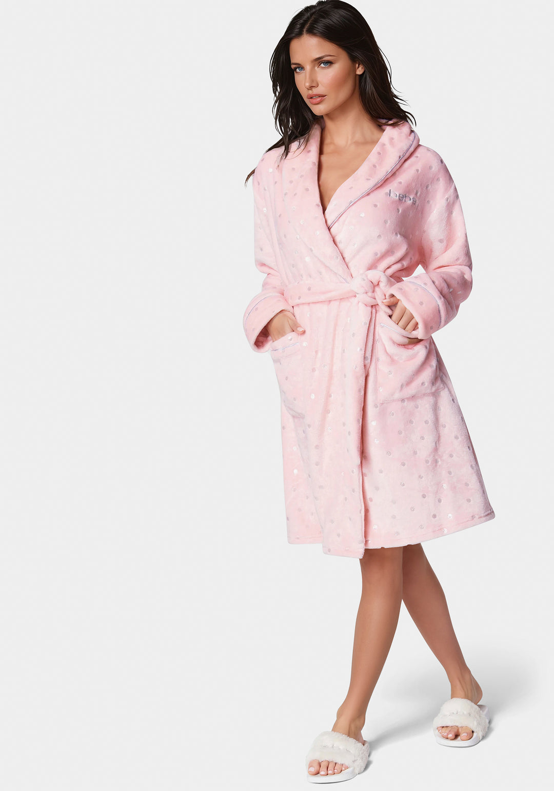 Front View-Sliver Foil Plush Robe-Light Pink
