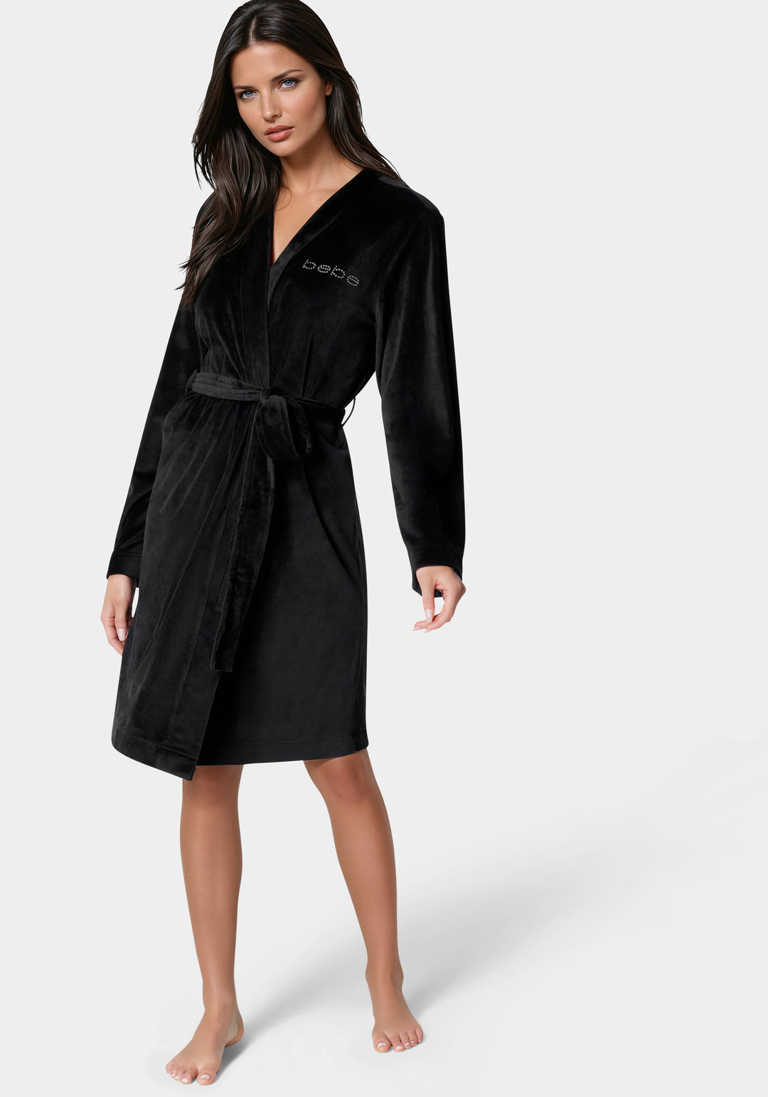 Front View-Velour with Rhinestones Robe-Black