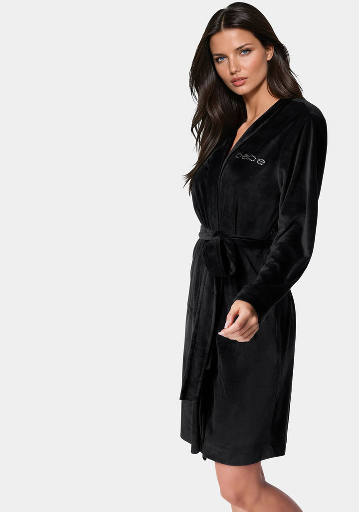 Side View-Velour with Rhinestones Robe-Black