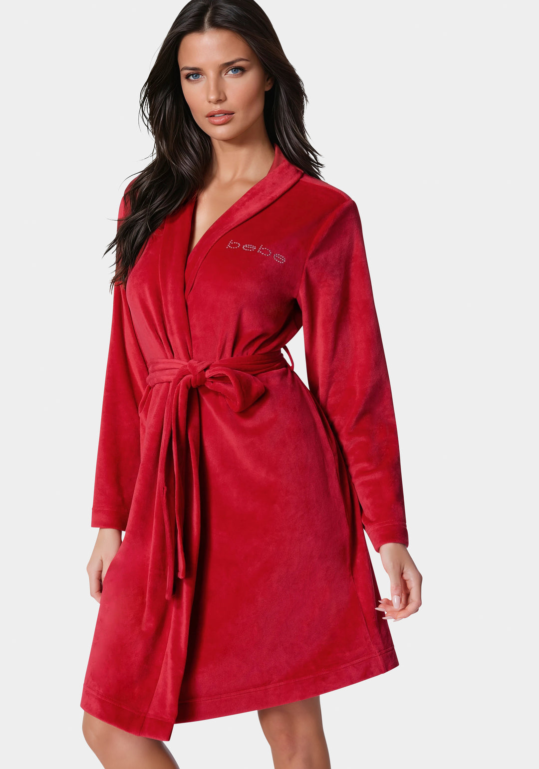 Side View-Velour with Rhinestones Robe-Red