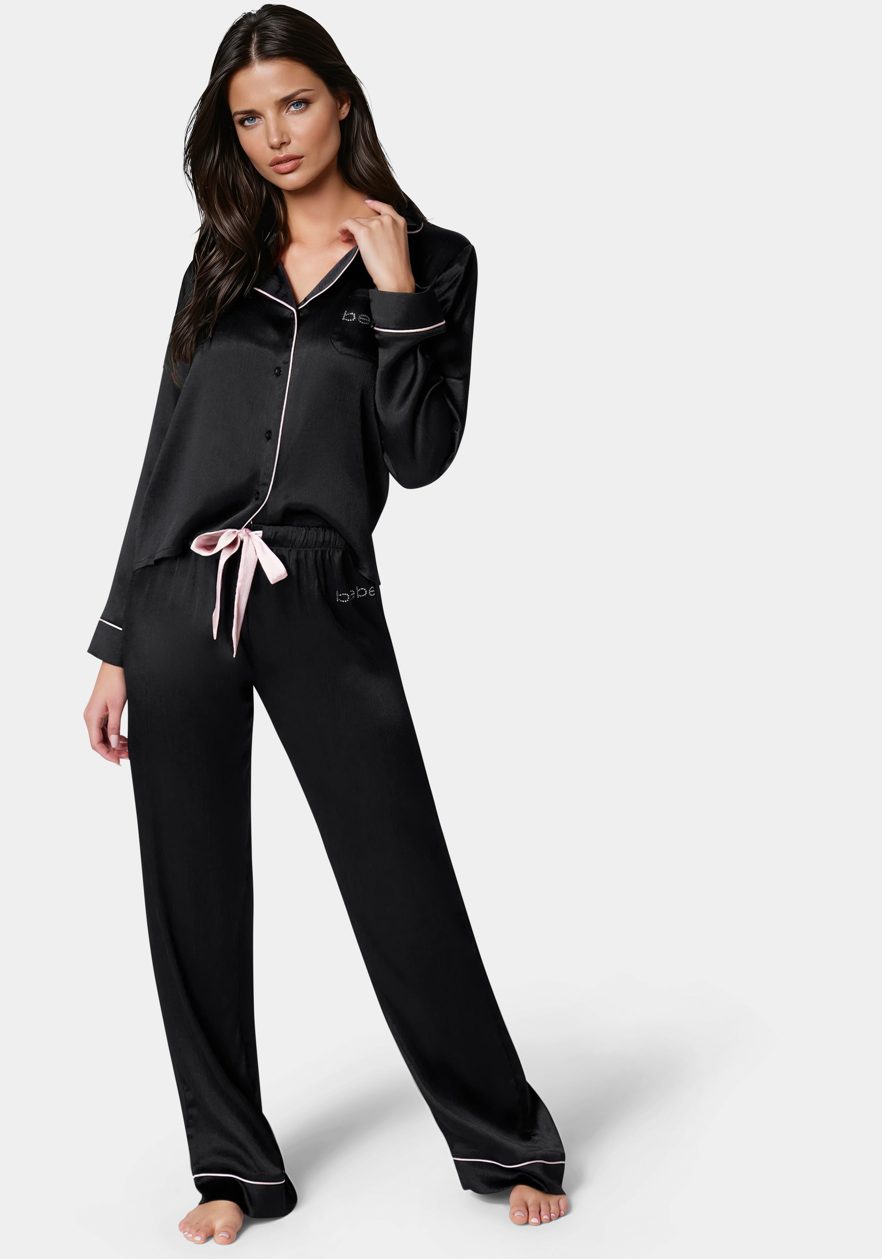 Front View-Luxury Textured Charmeuse Pajama Set-Black