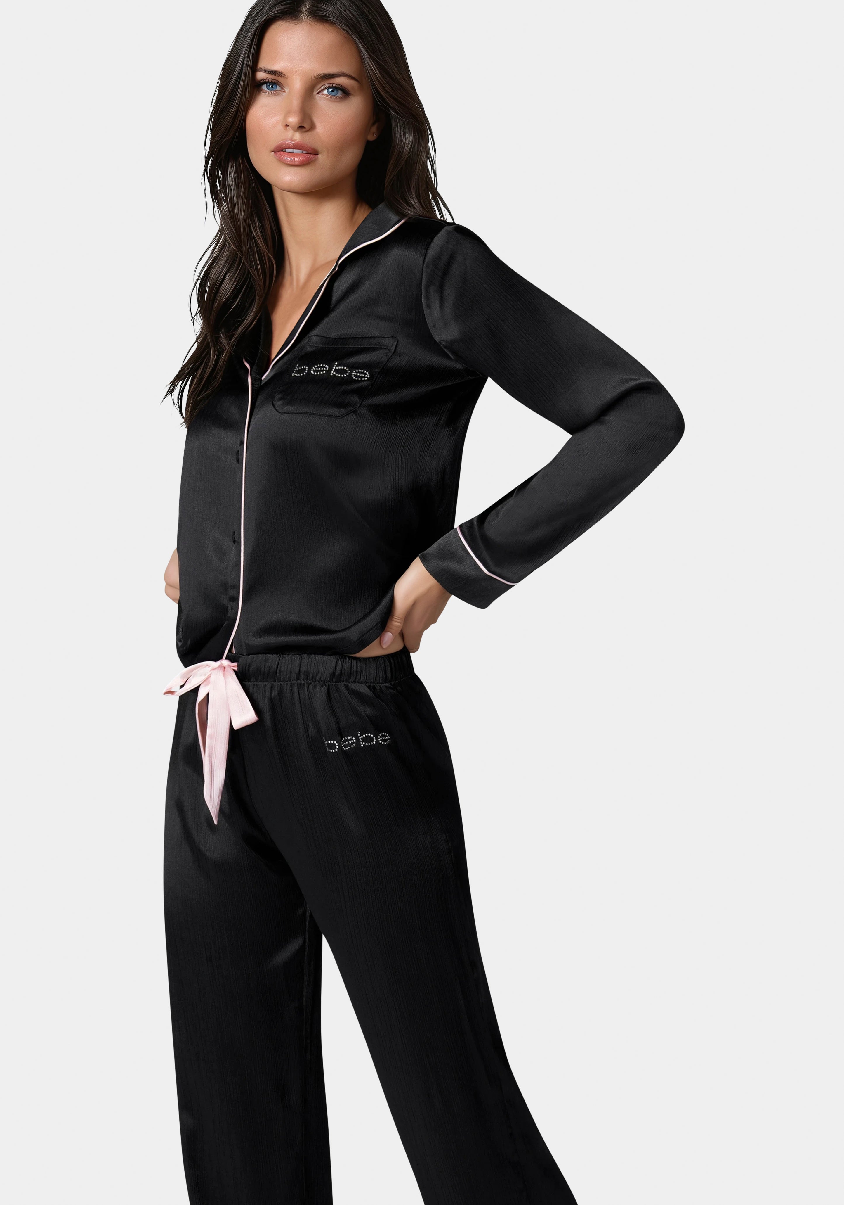 Side View-Luxury Textured Charmeuse Pajama Set-Black