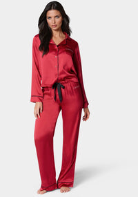Front View-Luxury Textured Charmeuse Pajama Set-Red