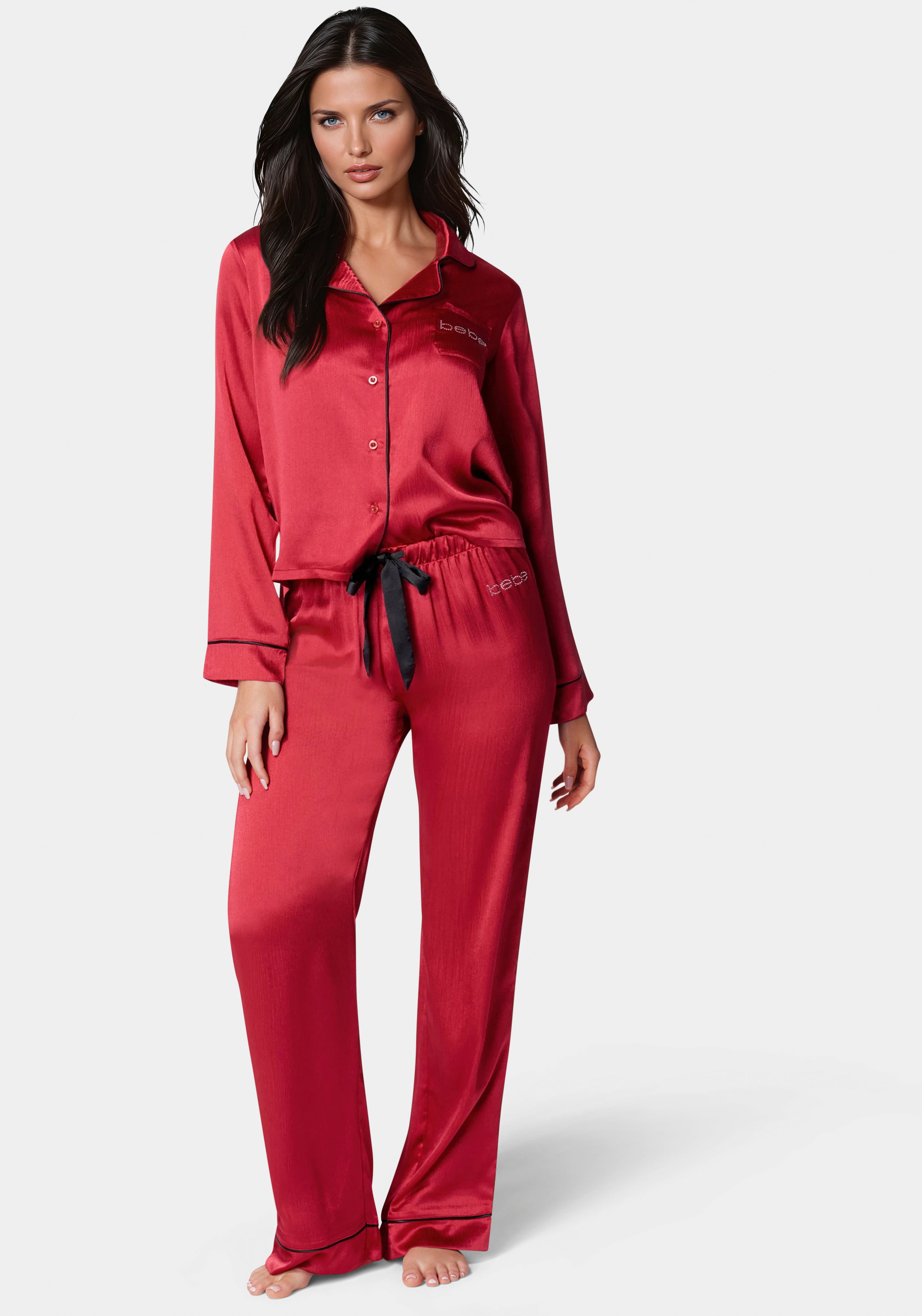 Front View-Luxury Textured Charmeuse Pajama Set-Red