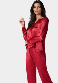 Side View-Luxury Textured Charmeuse Pajama Set-Red