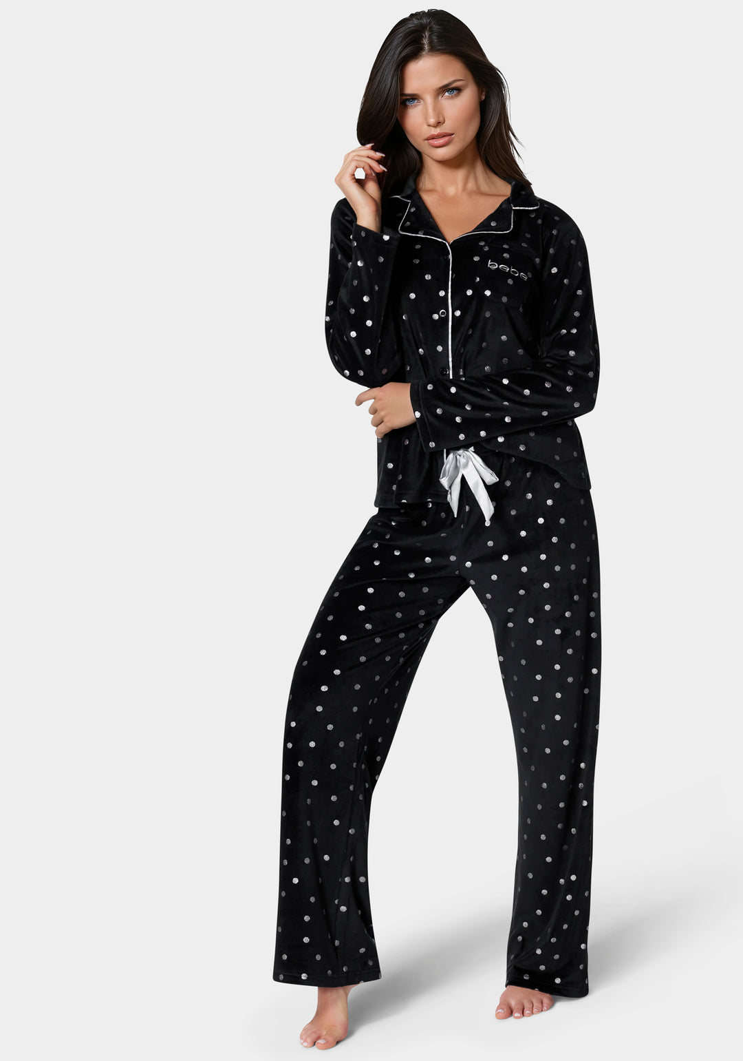Front View-Silver Foil Plush Pajama Set-Black