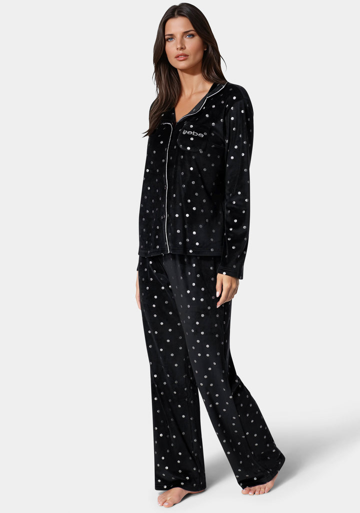 Side View-Silver Foil Plush Pajama Set-Black