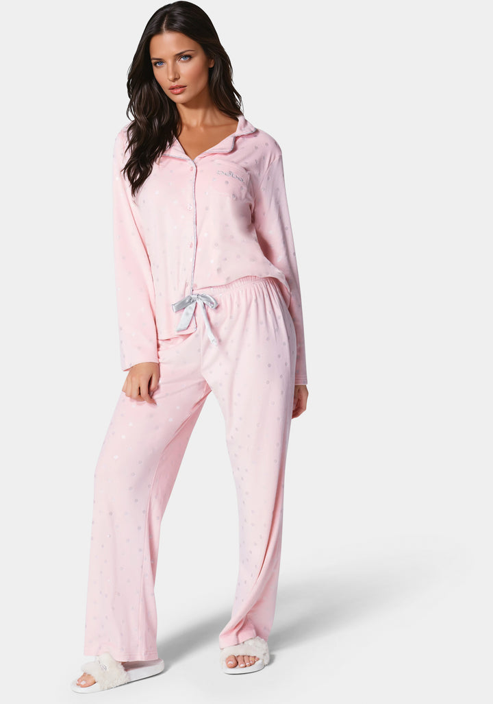 Front View-Silver Foil Plush Pajama Set-Light Pink