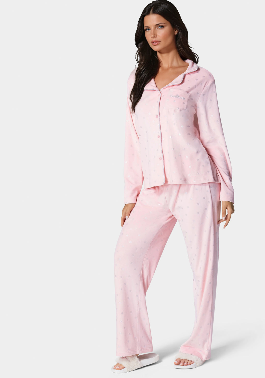 Side View-Silver Foil Plush Pajama Set-Light Pink