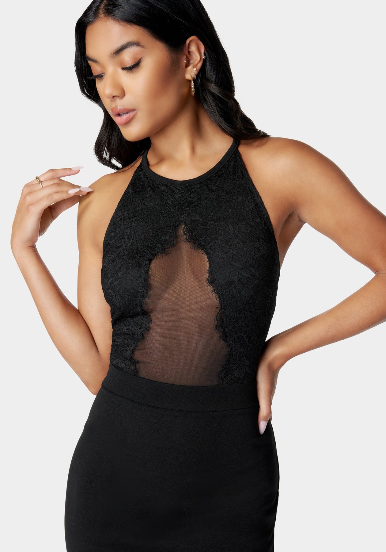 Peekaboo Lace Knit Pencil Dress bebe Peekaboo Lace Knit Pencil Dress bebe