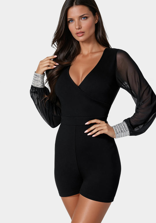 One Piece Sheer Long Sleeved Romper with Collar main image 1