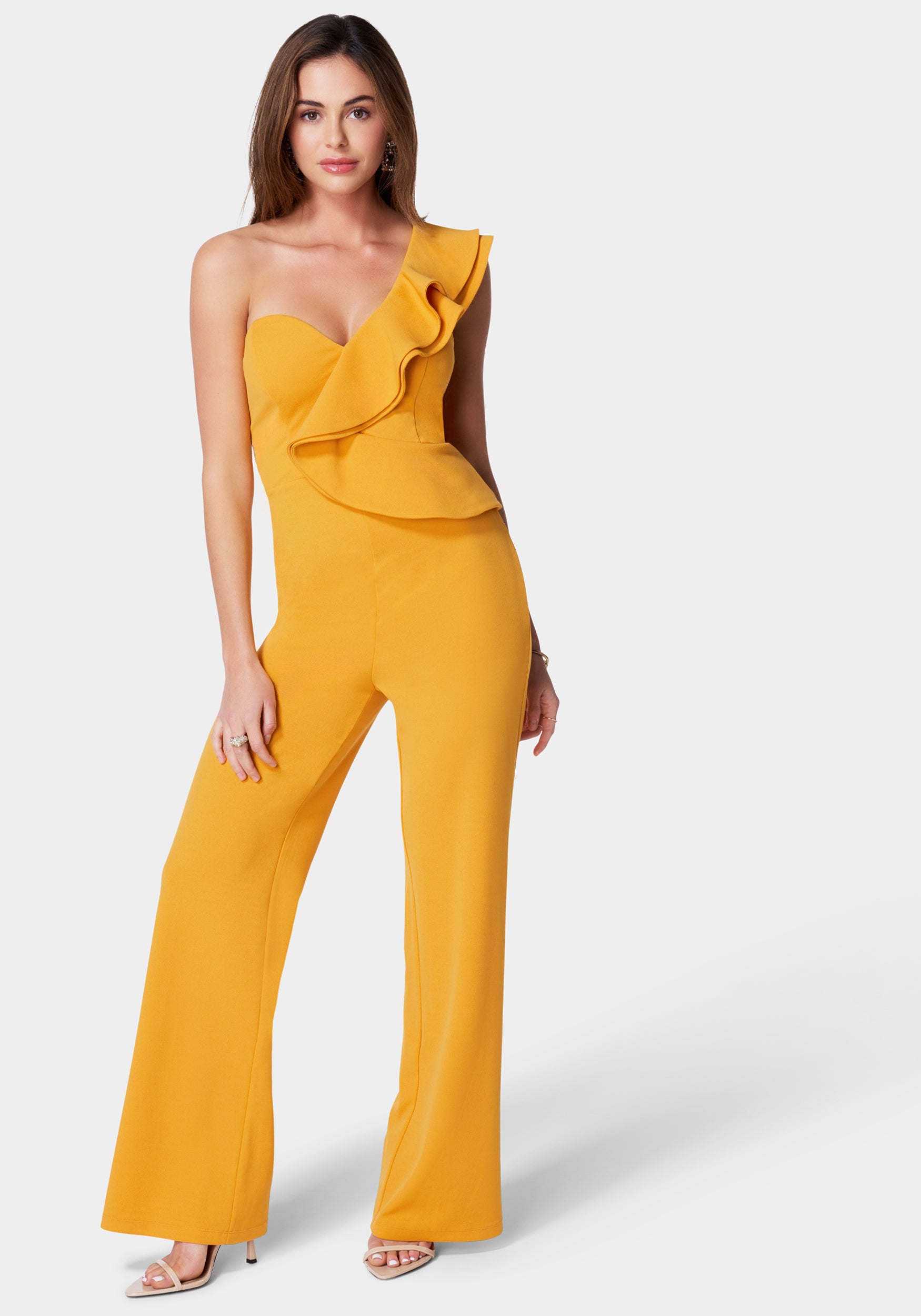 One Shoulder Ruffle Crepe Jumpsuit – bebe