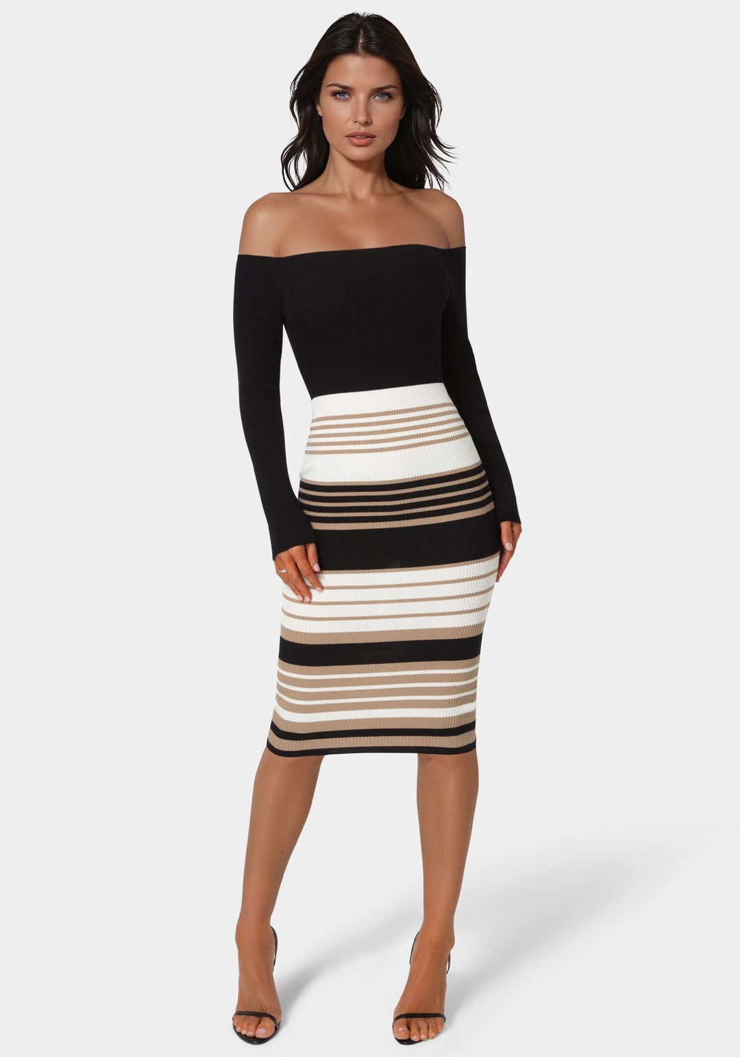 Front View-Off Shoulder Stripe Dress-BLACK/TAN